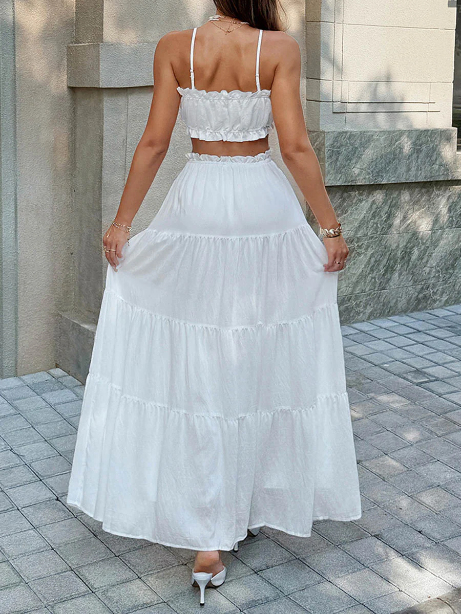 Solid Color Pleated Cropped Ruffled Spaghetti-Neck + A-Line Skirts Bottoms Top Two Pieces Set - Image 6