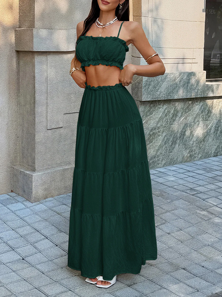Solid Color Pleated Cropped Ruffled Spaghetti-Neck + A-Line Skirts Bottoms Top Two Pieces Set - Image 7