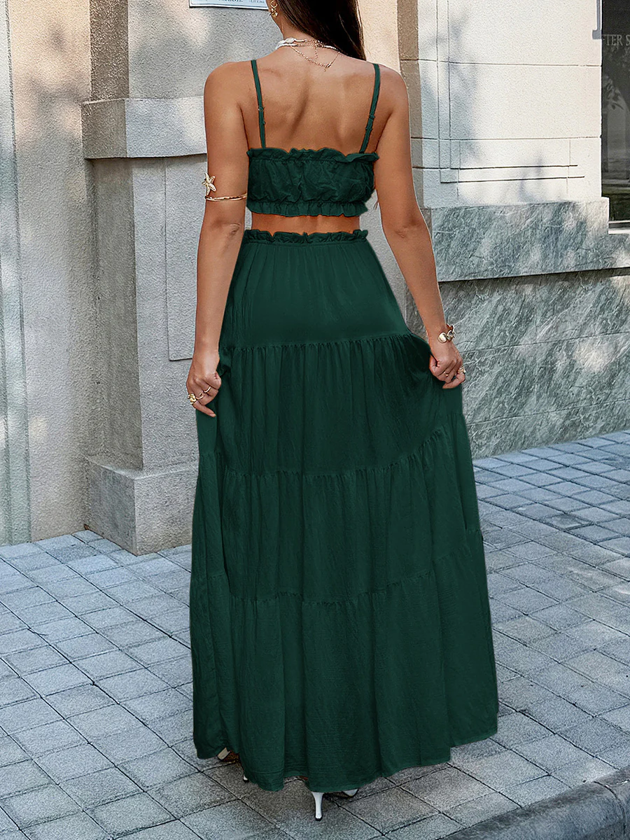 Solid Color Pleated Cropped Ruffled Spaghetti-Neck + A-Line Skirts Bottoms Top Two Pieces Set - Image 8