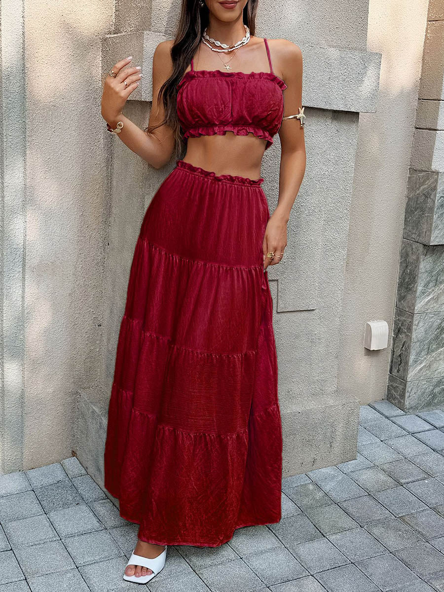 Solid Color Pleated Cropped Ruffled Spaghetti-Neck + A-Line Skirts Bottoms Top Two Pieces Set - Image 9