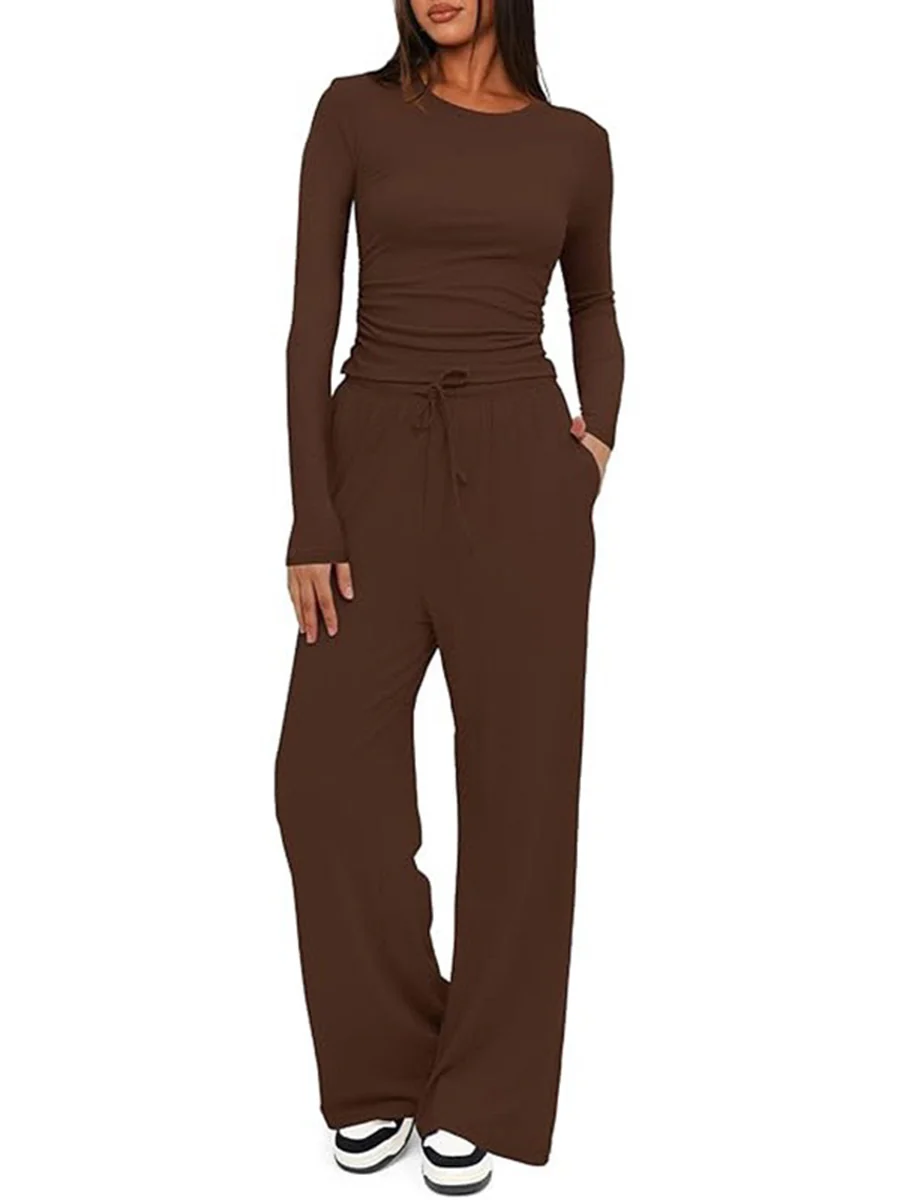 Solid Color Pleated Round-Neck T-Shirts Tops +  Elasticated Waist High Waisted Drawstring Pants Two Pieces Set - Image 10