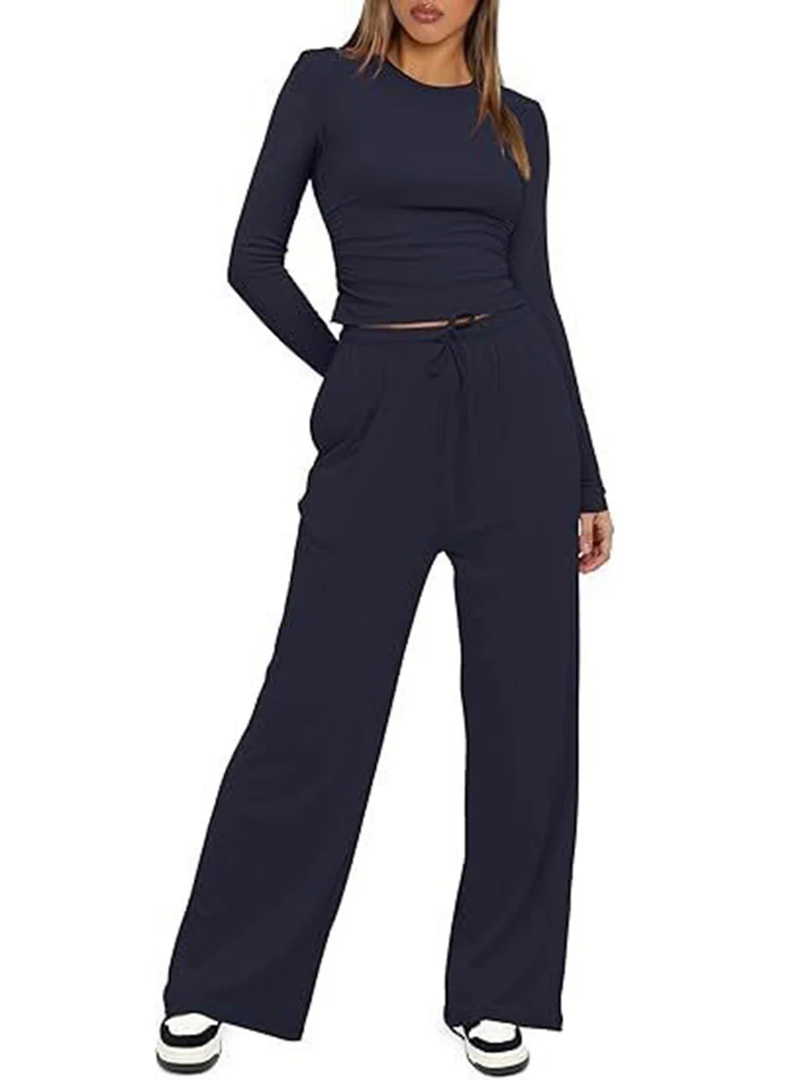 Solid Color Pleated Round-Neck T-Shirts Tops +  Elasticated Waist High Waisted Drawstring Pants Two Pieces Set - Image 11