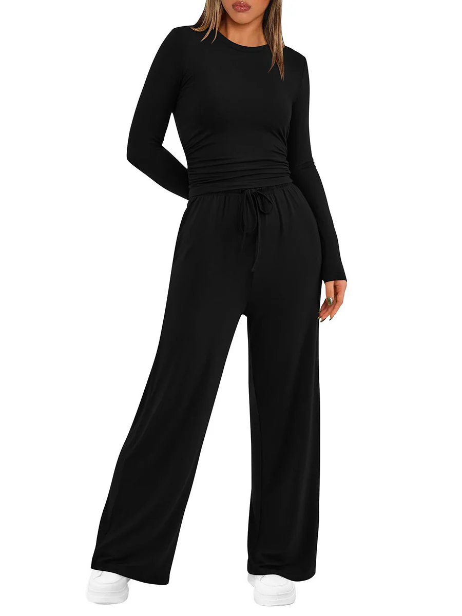 Solid Color Pleated Round-Neck T-Shirts Tops +  Elasticated Waist High Waisted Drawstring Pants Two Pieces Set - Image 12