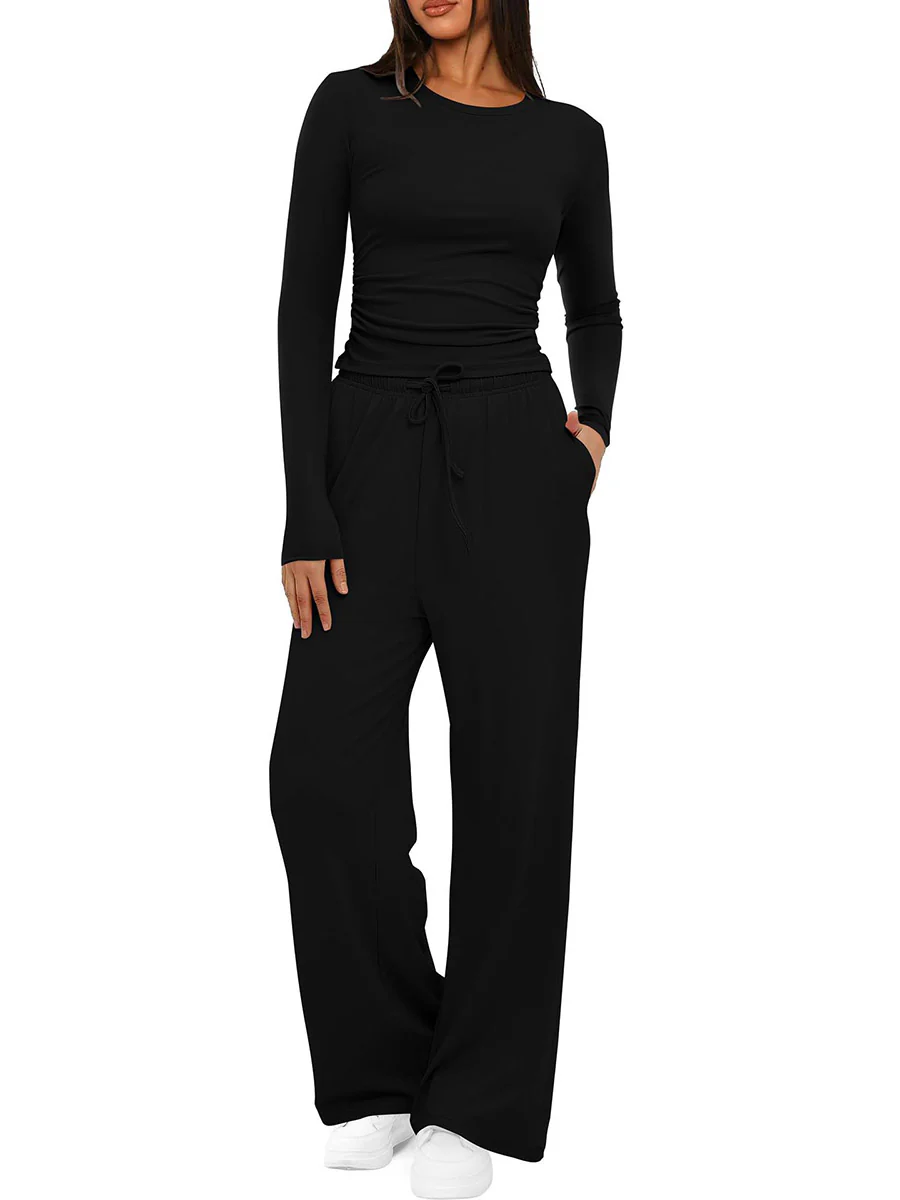 Solid Color Pleated Round-Neck T-Shirts Tops +  Elasticated Waist High Waisted Drawstring Pants Two Pieces Set - Image 13