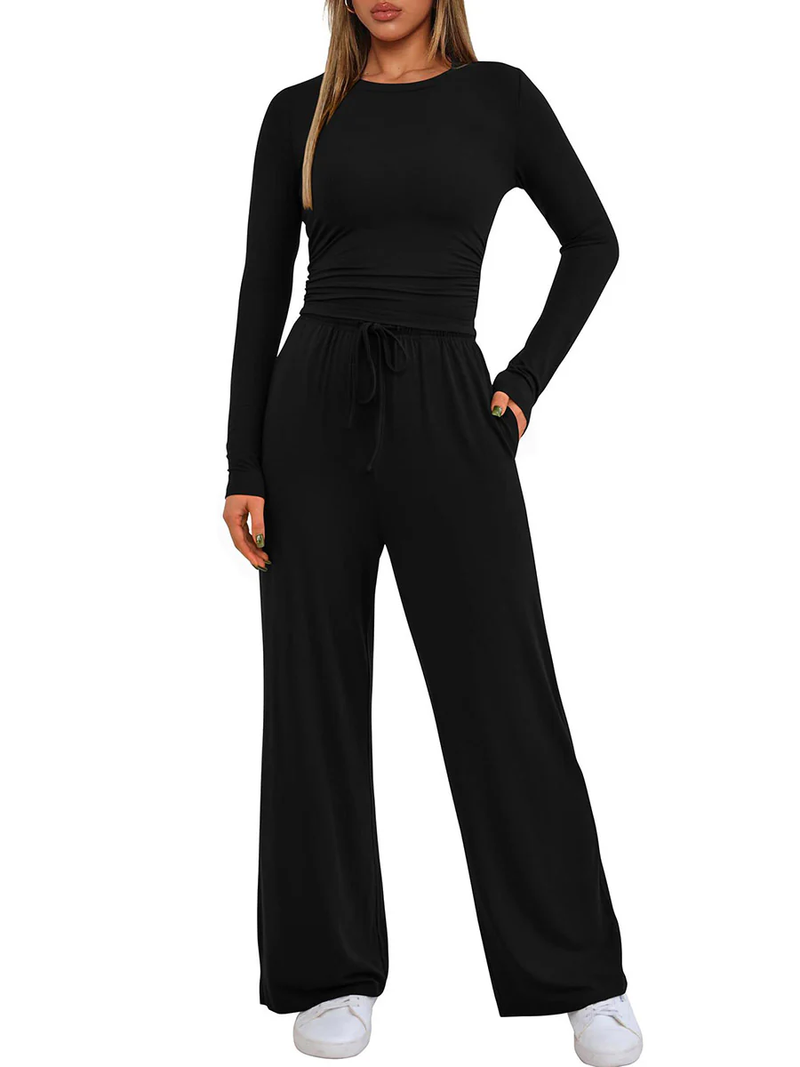 Solid Color Pleated Round-Neck T-Shirts Tops +  Elasticated Waist High Waisted Drawstring Pants Two Pieces Set - Image 14