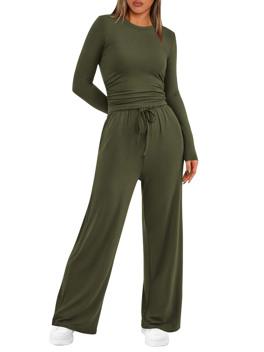 Solid Color Pleated Round-Neck T-Shirts Tops +  Elasticated Waist High Waisted Drawstring Pants Two Pieces Set - Image 15