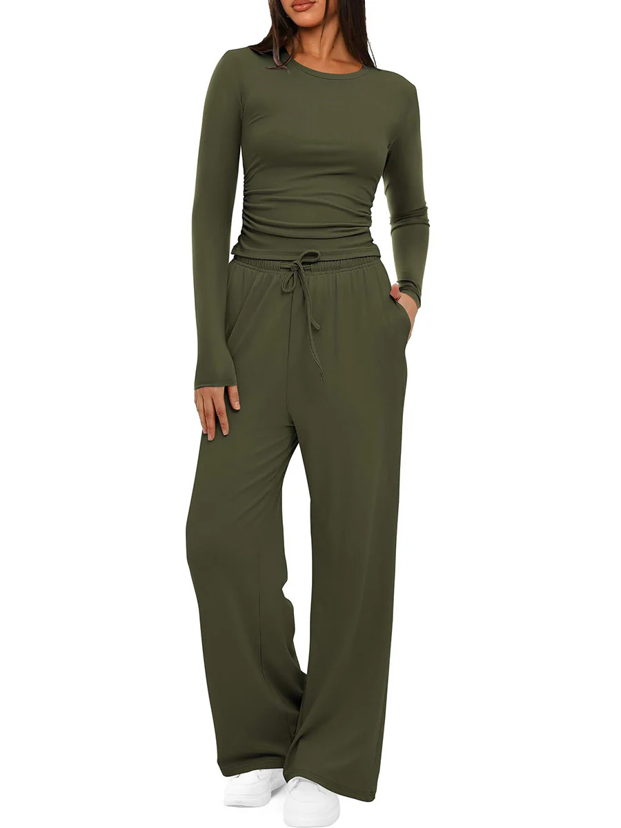 Solid Color Pleated Round-Neck T-Shirts Tops +  Elasticated Waist High Waisted Drawstring Pants Two Pieces Set - Image 16