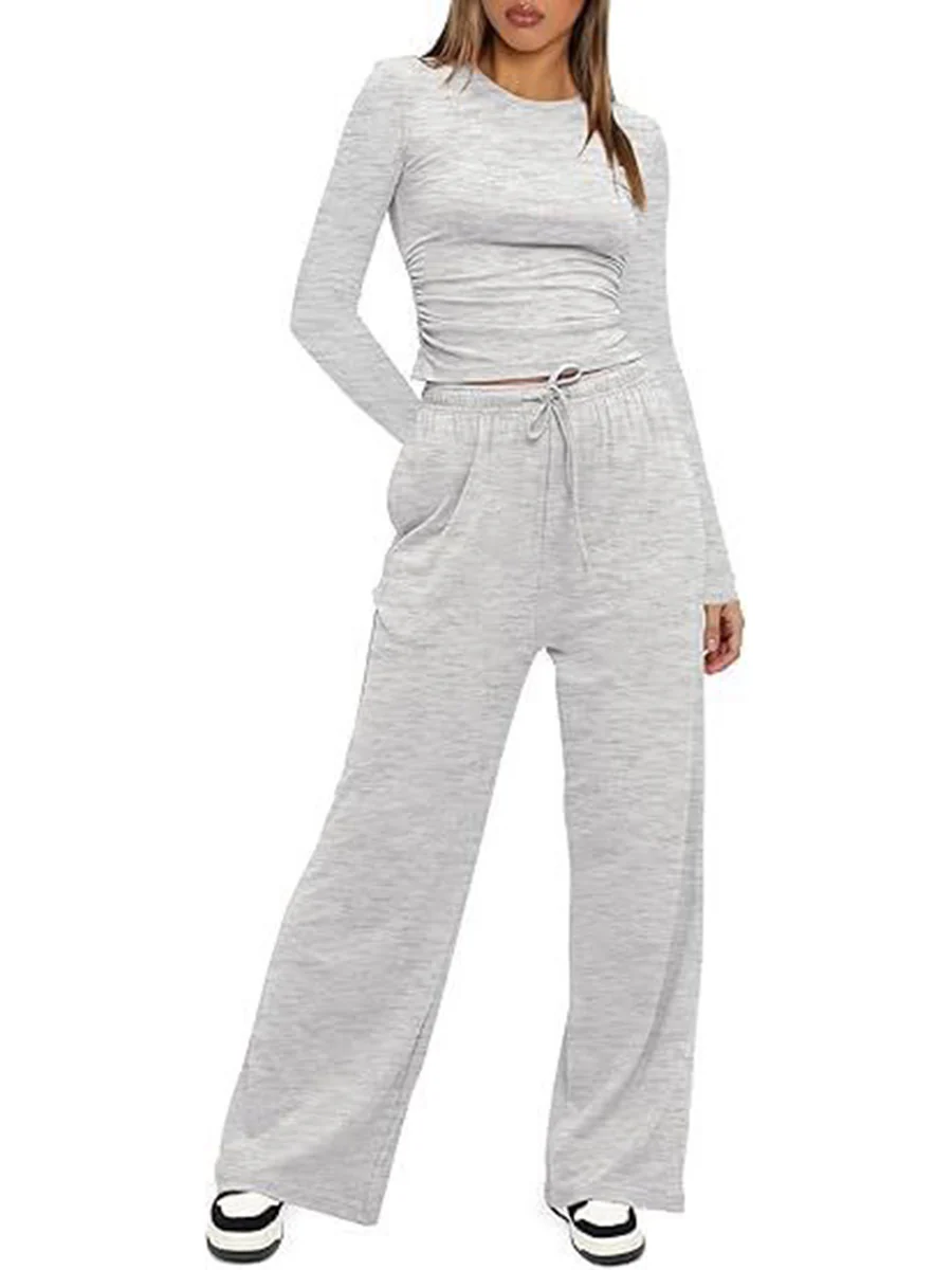 Solid Color Pleated Round-Neck T-Shirts Tops +  Elasticated Waist High Waisted Drawstring Pants Two Pieces Set - Image 17