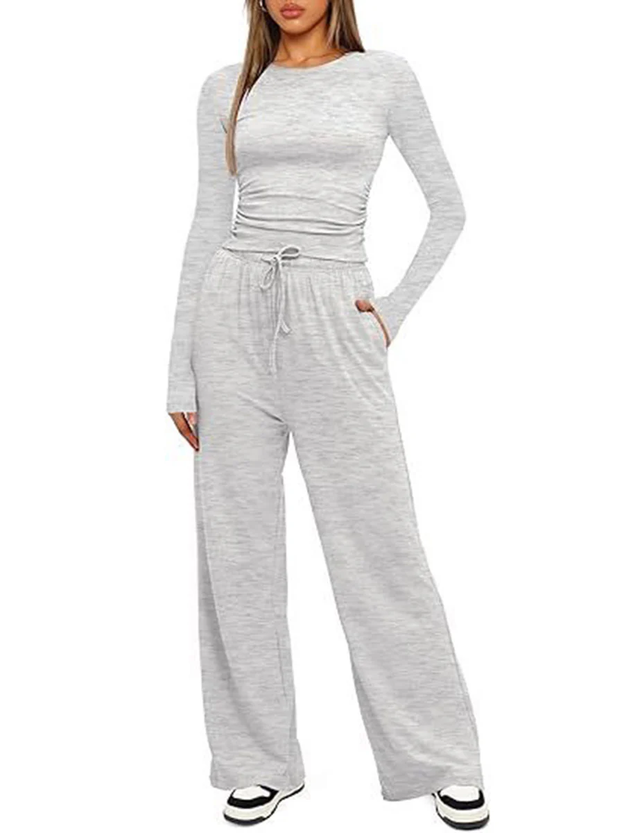 Solid Color Pleated Round-Neck T-Shirts Tops +  Elasticated Waist High Waisted Drawstring Pants Two Pieces Set - Image 18