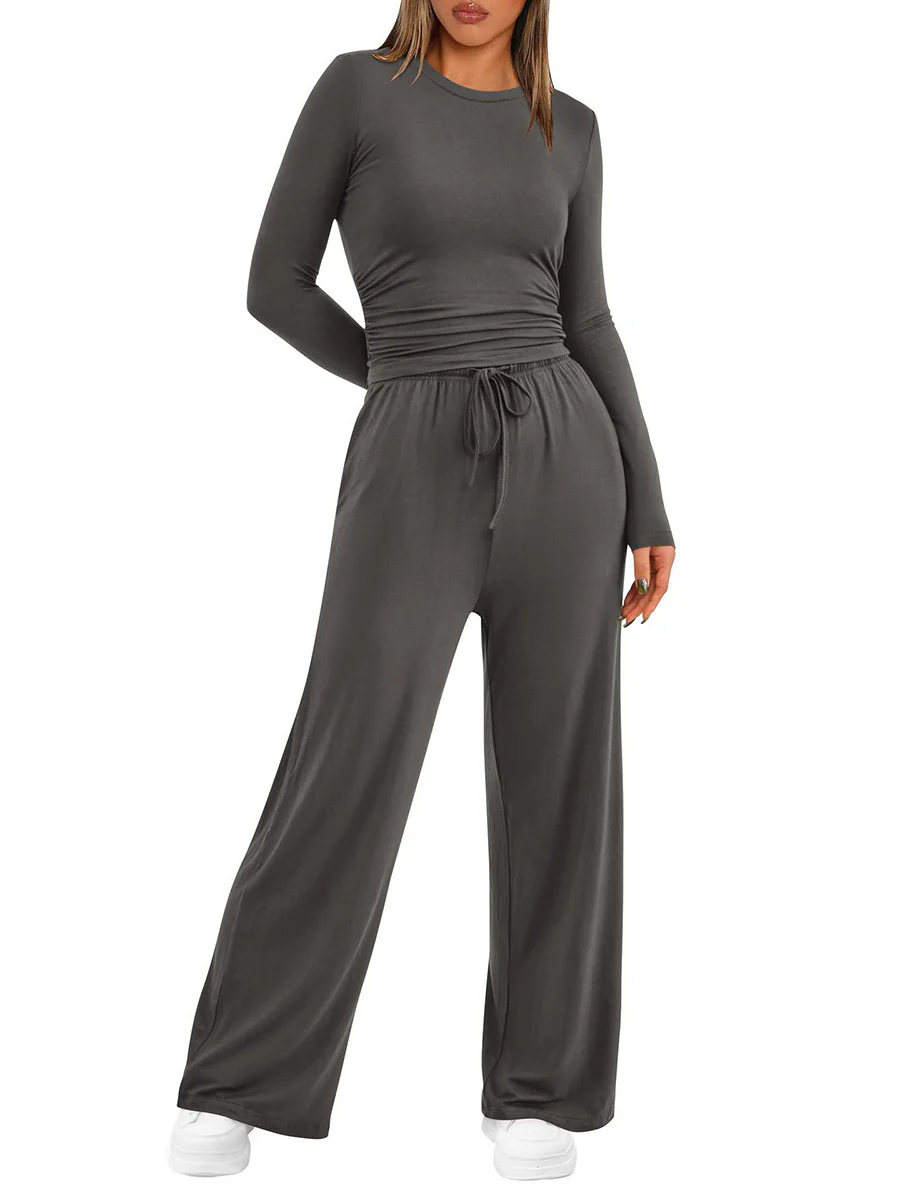 Solid Color Pleated Round-Neck T-Shirts Tops +  Elasticated Waist High Waisted Drawstring Pants Two Pieces Set - Image 19