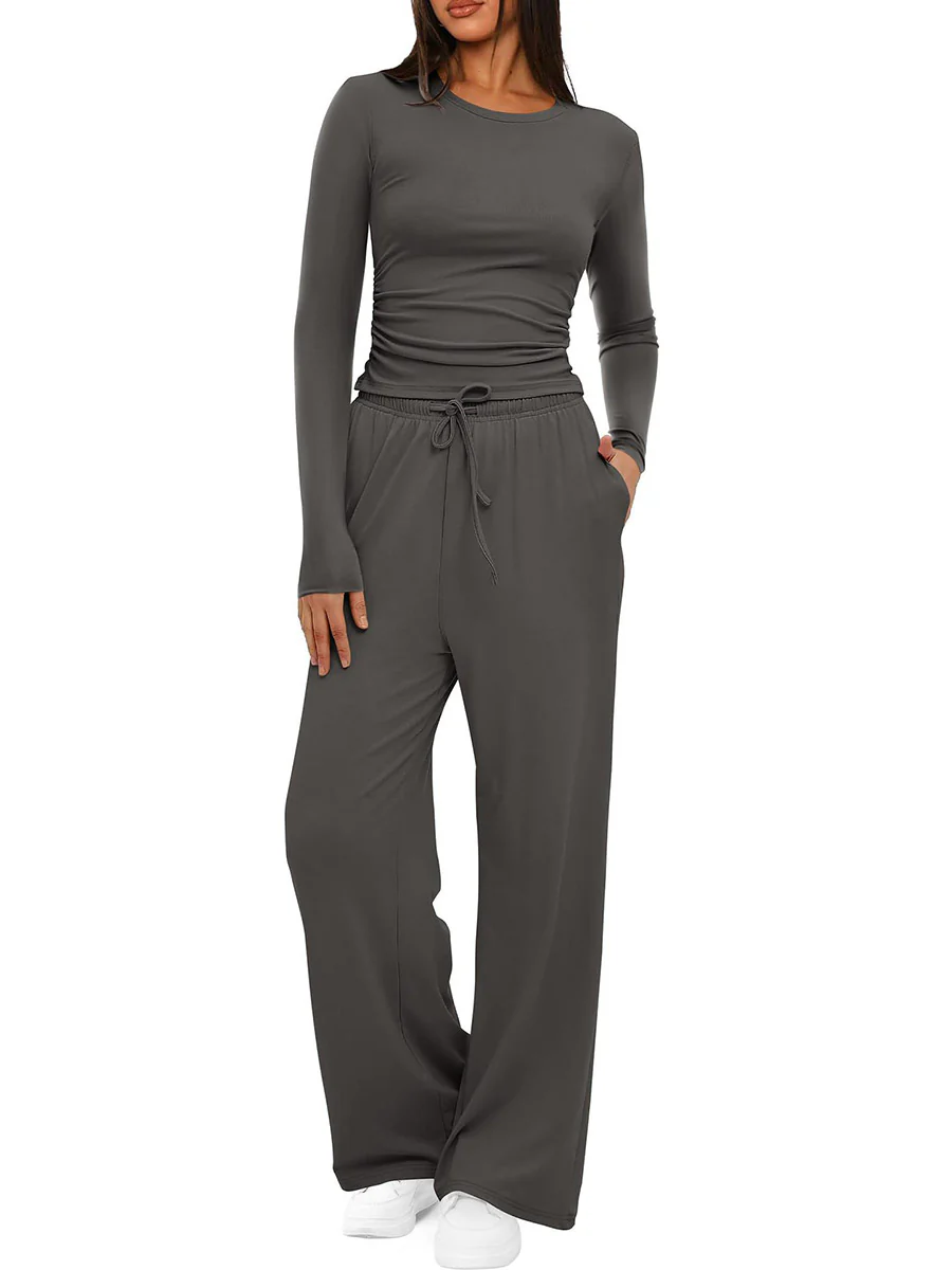 Solid Color Pleated Round-Neck T-Shirts Tops +  Elasticated Waist High Waisted Drawstring Pants Two Pieces Set - Image 20