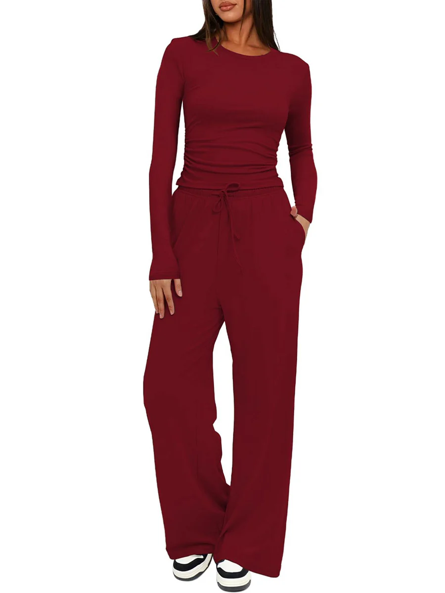Solid Color Pleated Round-Neck T-Shirts Tops +  Elasticated Waist High Waisted Drawstring Pants Two Pieces Set - Image 21