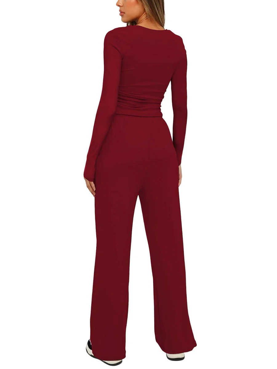 Solid Color Pleated Round-Neck T-Shirts Tops +  Elasticated Waist High Waisted Drawstring Pants Two Pieces Set - Image 22