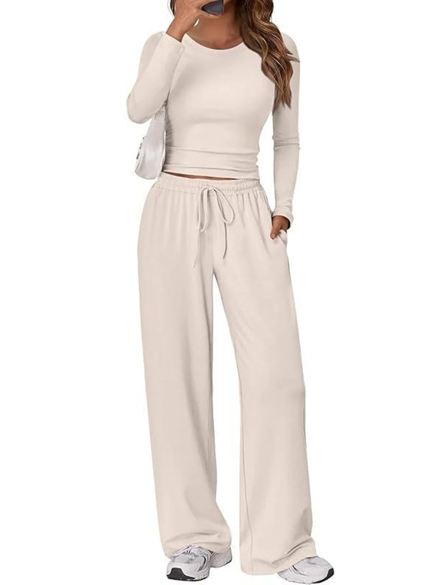 Solid Color Pleated Round-Neck T-Shirts Tops +  Elasticated Waist High Waisted Drawstring Pants Two Pieces Set - Image 23