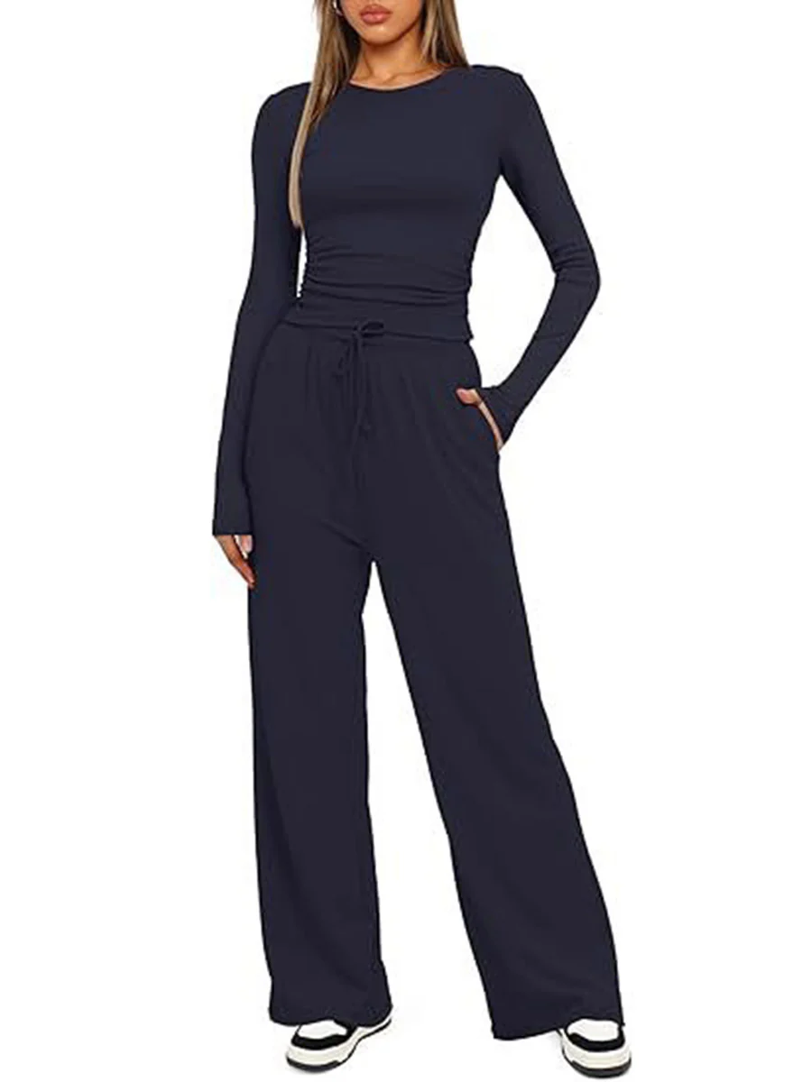 Solid Color Pleated Round-Neck T-Shirts Tops +  Elasticated Waist High Waisted Drawstring Pants Two Pieces Set - Image 24