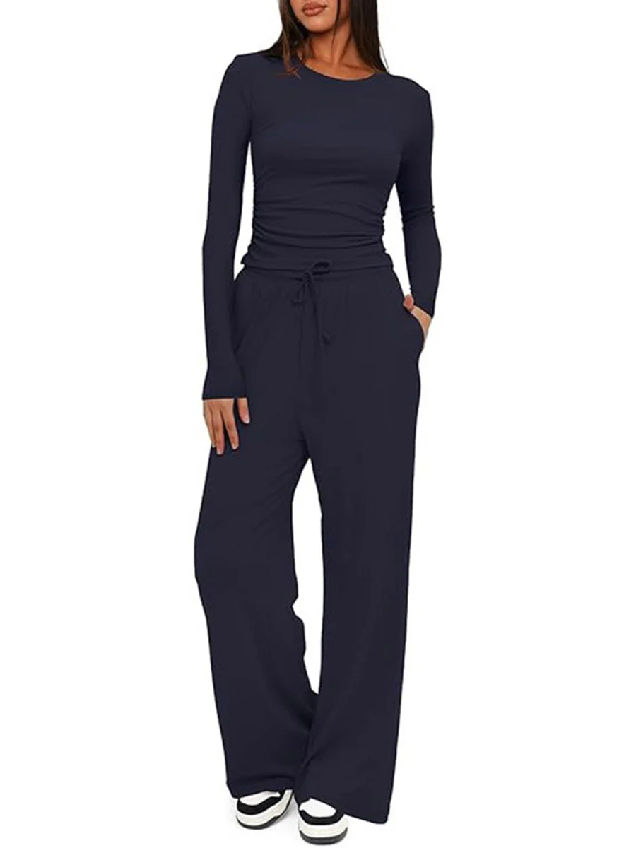 Solid Color Pleated Round-Neck T-Shirts Tops +  Elasticated Waist High Waisted Drawstring Pants Two Pieces Set - Image 25