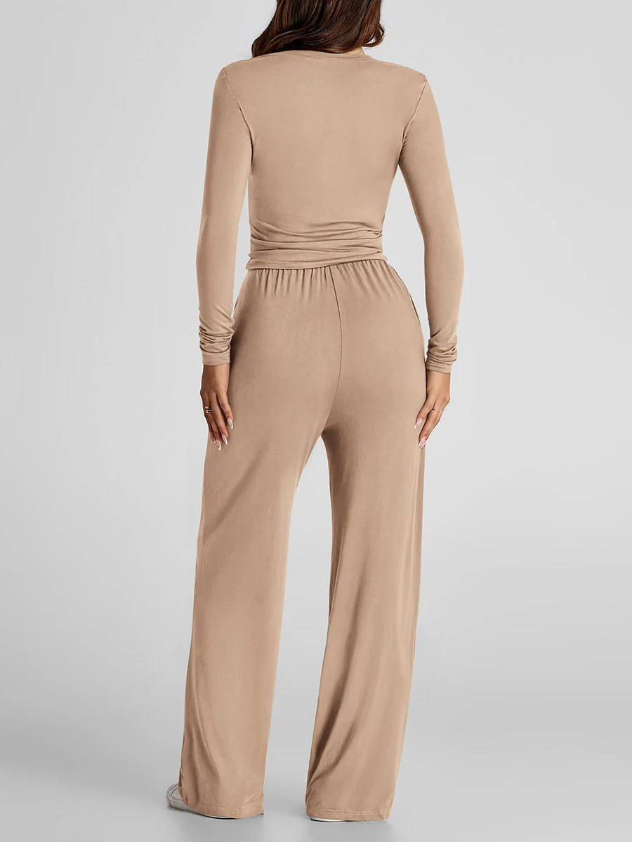 Solid Color Pleated Round-Neck T-Shirts Tops +  Elasticated Waist High Waisted Drawstring Pants Two Pieces Set - Image 4