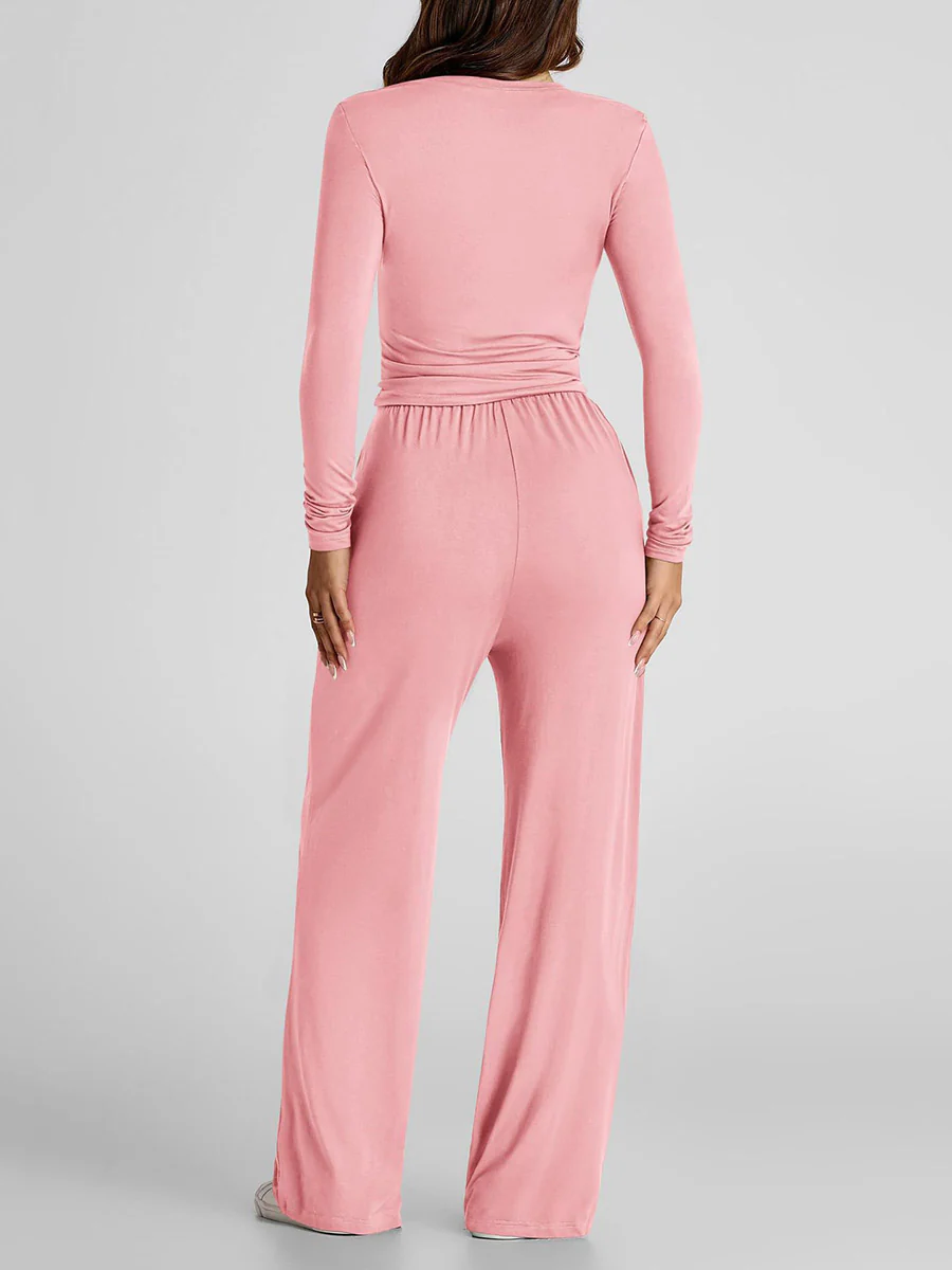 Solid Color Pleated Round-Neck T-Shirts Tops +  Elasticated Waist High Waisted Drawstring Pants Two Pieces Set - Image 7