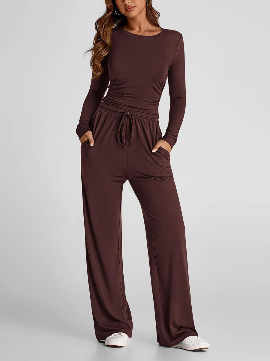 Solid Color Pleated Round-Neck T-Shirts Tops +  Elasticated Waist High Waisted Drawstring Pants Two Pieces Set - Image 8