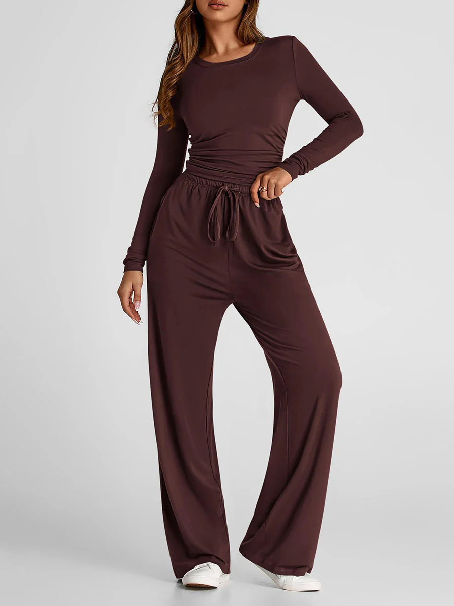 Solid Color Pleated Round-Neck T-Shirts Tops +  Elasticated Waist High Waisted Drawstring Pants Two Pieces Set - Image 9