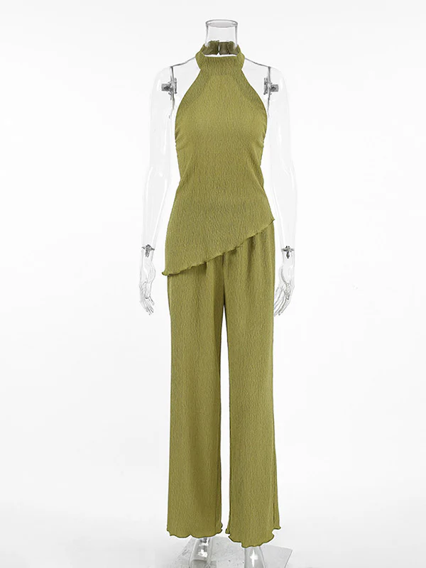 Solid Color Pleated Sleeveless Asymmetric High Neck Vest + Wide Leg Pants Two Pieces Set - Image 11