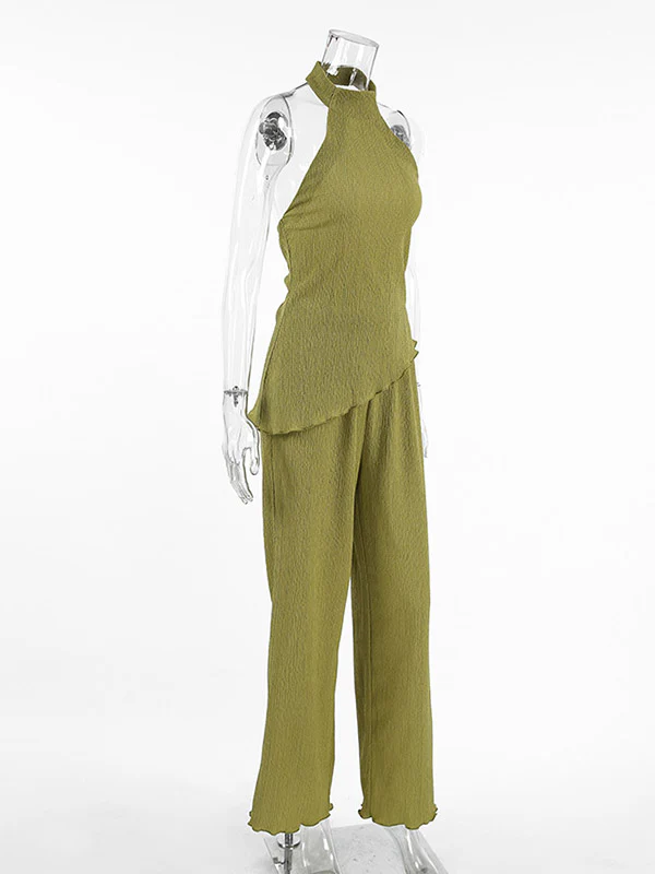Solid Color Pleated Sleeveless Asymmetric High Neck Vest + Wide Leg Pants Two Pieces Set - Image 12