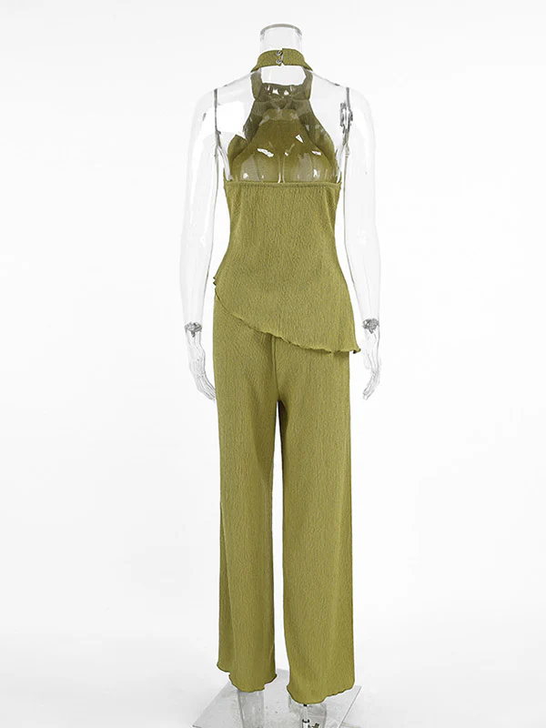 Solid Color Pleated Sleeveless Asymmetric High Neck Vest + Wide Leg Pants Two Pieces Set - Image 13