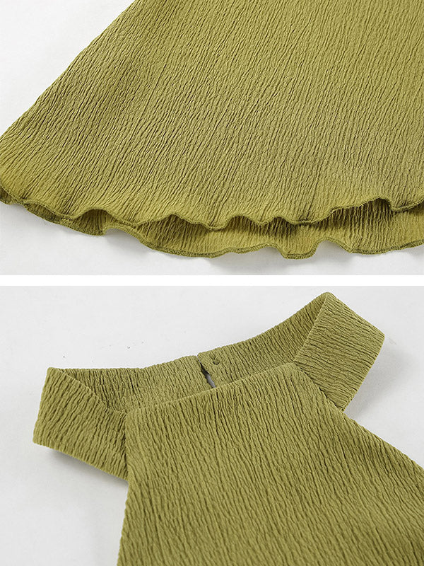 Solid Color Pleated Sleeveless Asymmetric High Neck Vest + Wide Leg Pants Two Pieces Set - Image 15