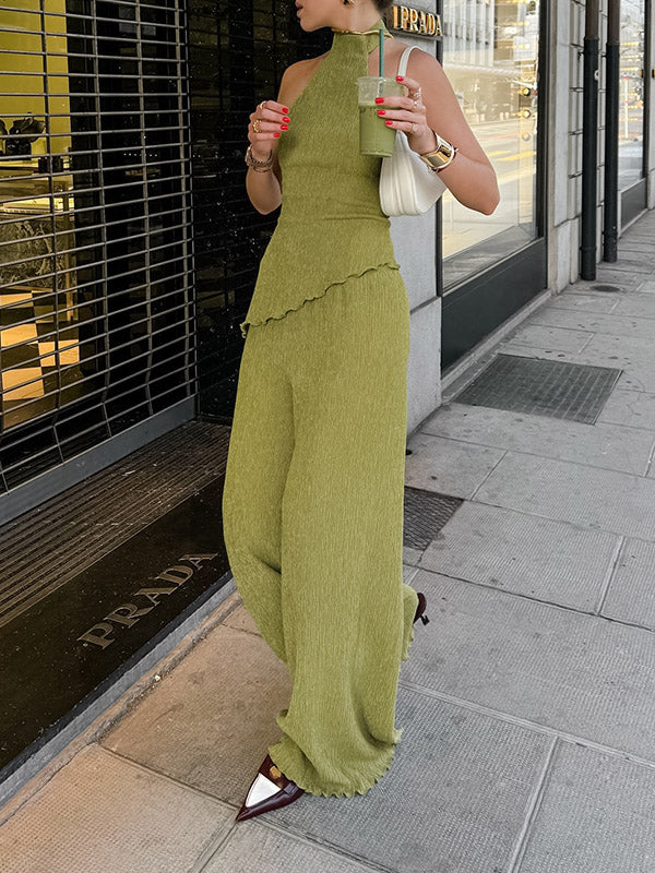 Solid Color Pleated Sleeveless Asymmetric High Neck Vest + Wide Leg Pants Two Pieces Set - Image 3