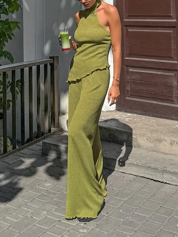 Solid Color Pleated Sleeveless Asymmetric High Neck Vest + Wide Leg Pants Two Pieces Set - Image 4