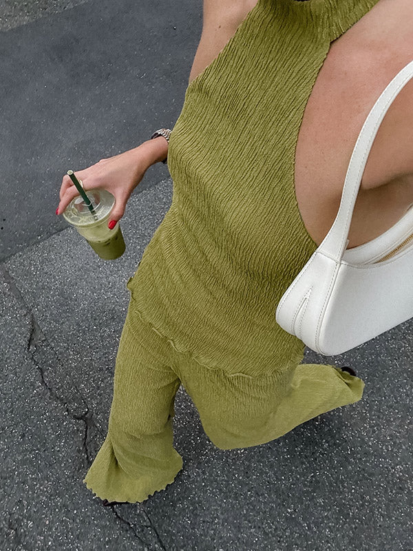 Solid Color Pleated Sleeveless Asymmetric High Neck Vest + Wide Leg Pants Two Pieces Set - Image 9