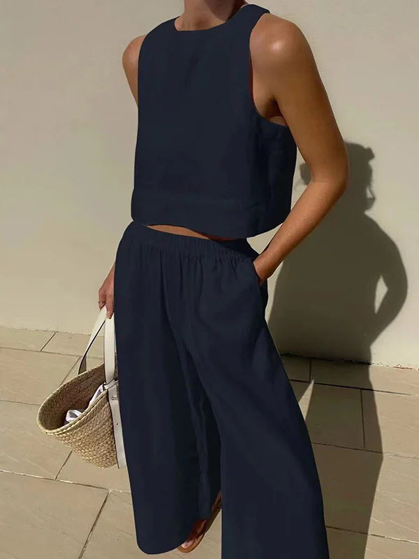 Solid Color Round-Neck Sleeveless Vest + Elasticity Wide Leg Pants Two Pieces Set - Image 2