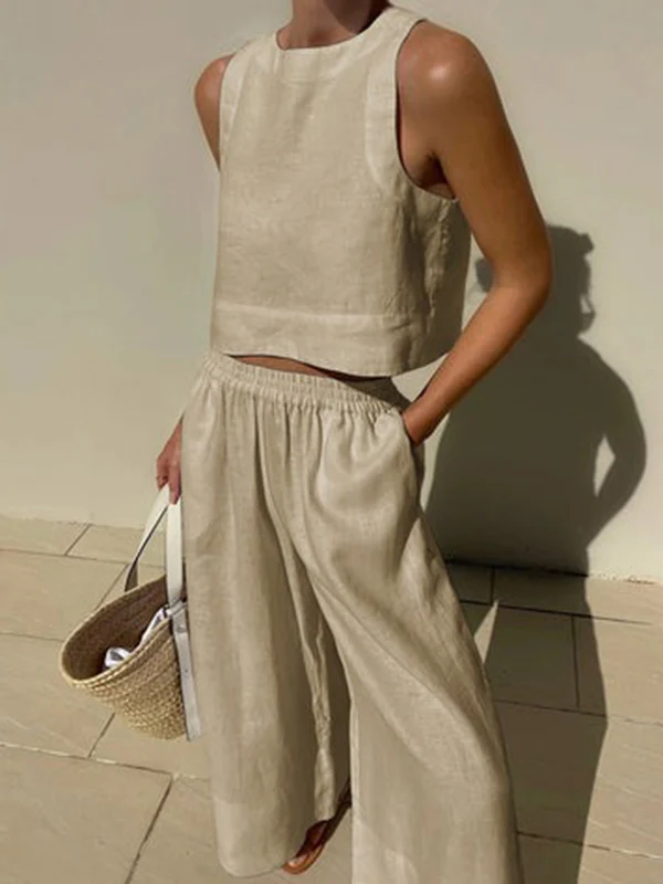 Solid Color Round-Neck Sleeveless Vest + Elasticity Wide Leg Pants Two Pieces Set - Image 3