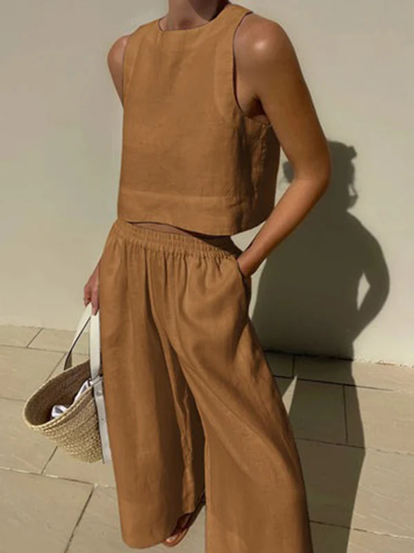 Solid Color Round-Neck Sleeveless Vest + Elasticity Wide Leg Pants Two Pieces Set - Image 4