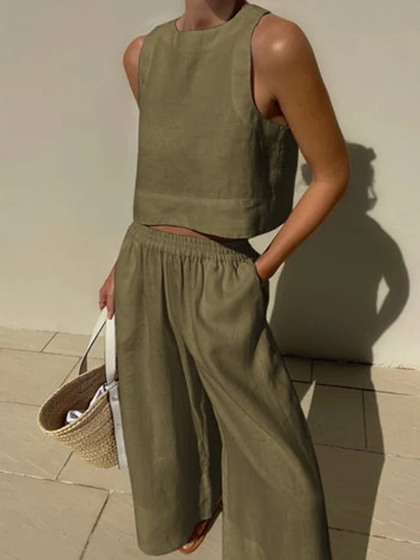 Solid Color Round-Neck Sleeveless Vest + Elasticity Wide Leg Pants Two Pieces Set - Image 5