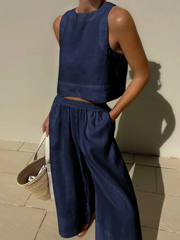 Solid Color Round-Neck Sleeveless Vest + Elasticity Wide Leg Pants Two Pieces Set - Image 6