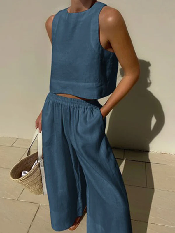 Solid Color Round-Neck Sleeveless Vest + Elasticity Wide Leg Pants Two Pieces Set - Image 7