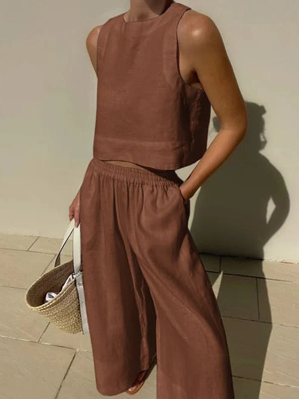 Solid Color Round-Neck Sleeveless Vest + Elasticity Wide Leg Pants Two Pieces Set - Image 8