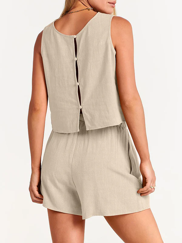Solid Color Round-Neck Vest + Elasticity Drawstring Shorts Two Pieces Set - Image 10