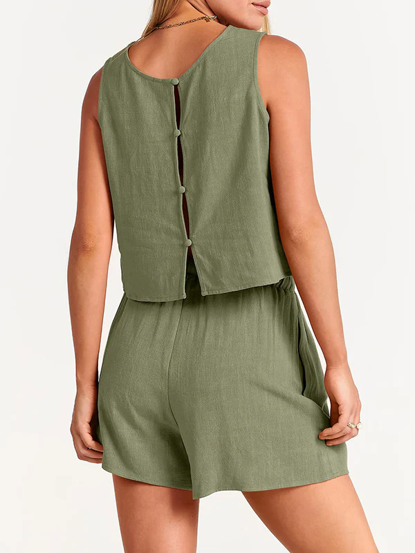 Solid Color Round-Neck Vest + Elasticity Drawstring Shorts Two Pieces Set - Image 11