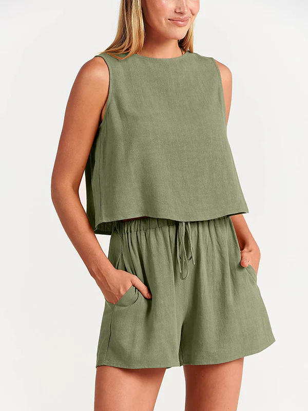 Solid Color Round-Neck Vest + Elasticity Drawstring Shorts Two Pieces Set - Image 2