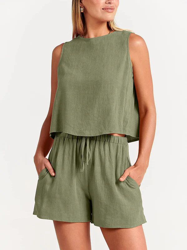 Solid Color Round-Neck Vest + Elasticity Drawstring Shorts Two Pieces Set - Image 3