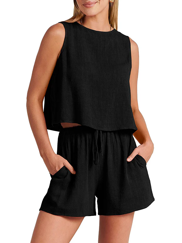 Solid Color Round-Neck Vest + Elasticity Drawstring Shorts Two Pieces Set - Image 4