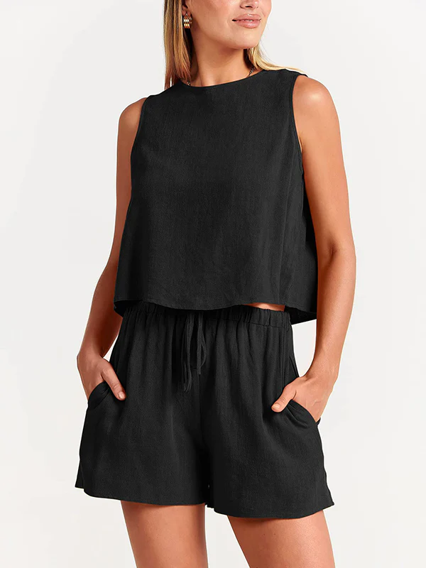 Solid Color Round-Neck Vest + Elasticity Drawstring Shorts Two Pieces Set - Image 5