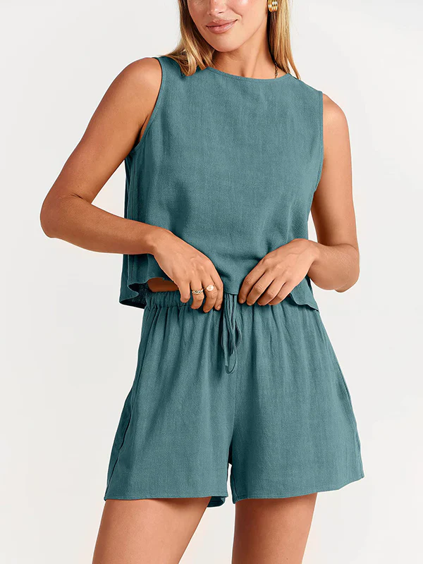 Solid Color Round-Neck Vest + Elasticity Drawstring Shorts Two Pieces Set - Image 6