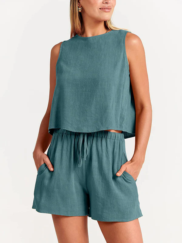 Solid Color Round-Neck Vest + Elasticity Drawstring Shorts Two Pieces Set - Image 7