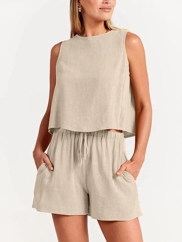 Solid Color Round-Neck Vest + Elasticity Drawstring Shorts Two Pieces Set - Image 8