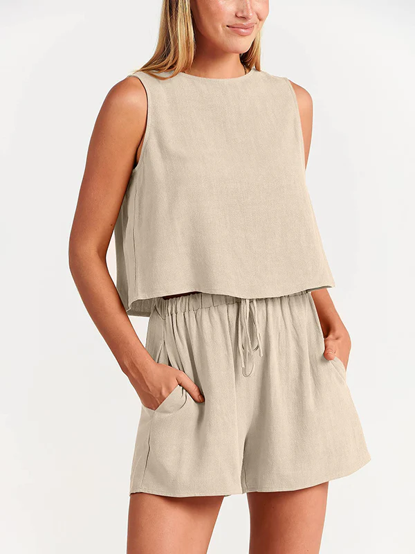 Solid Color Round-Neck Vest + Elasticity Drawstring Shorts Two Pieces Set - Image 9