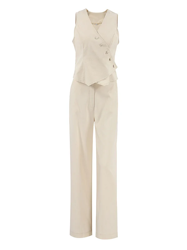 Solid Color Sleeveless Asymmetric Split-Joint  V-Neck Vest Tops +  Straight Leg Pants Suits Two Pieces Set - Image 8
