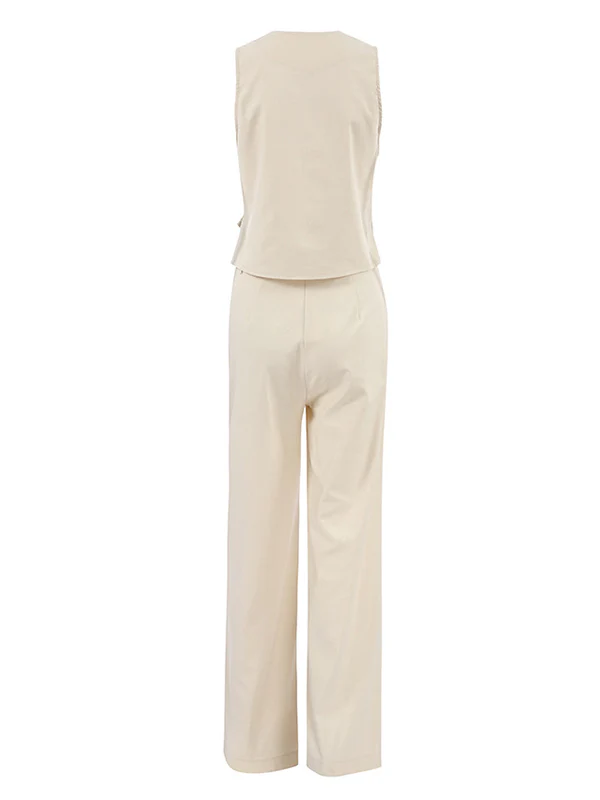 Solid Color Sleeveless Asymmetric Split-Joint  V-Neck Vest Tops +  Straight Leg Pants Suits Two Pieces Set - Image 9